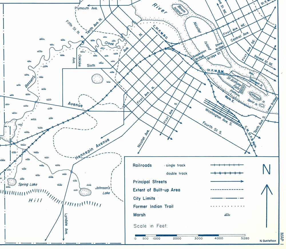 White and blue map of Bassett Creek and surrounding land outlining former Indian trails and marsh, as well as streets within Minneapolis city limits.